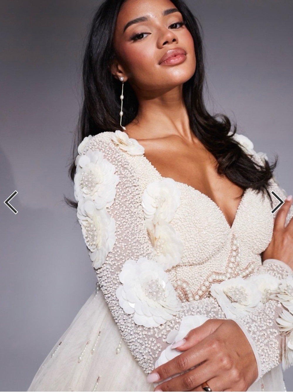 ASOS Ivory 3D Floral Pearl-Embellished Long Sleeve Dress
